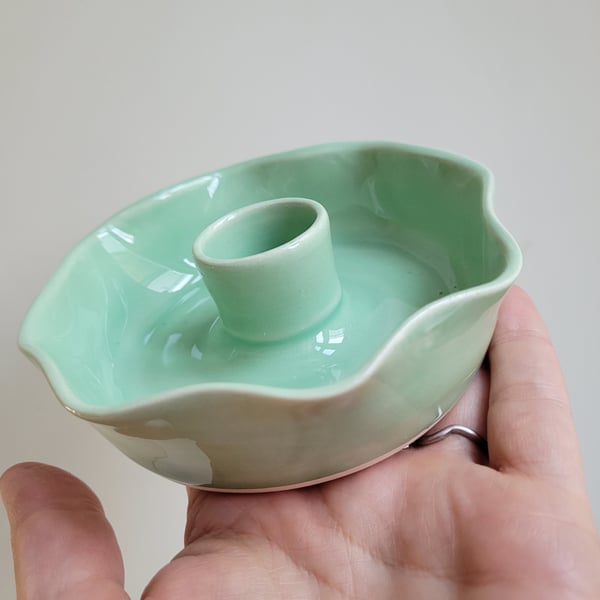 Green pottery candle holder with fluted scalloped rim , pottery gift