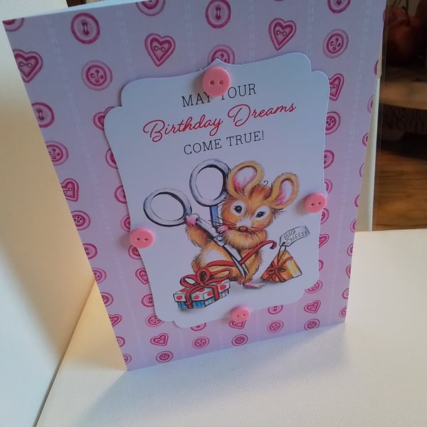 Birthday card. Handmade card. Mouse, sewing. Ref 092