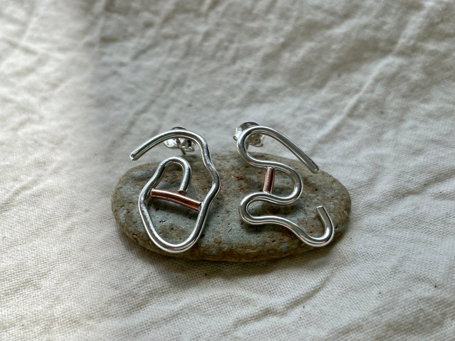 Abstract Line Earrings - Recycled Sterling Silver & Copper