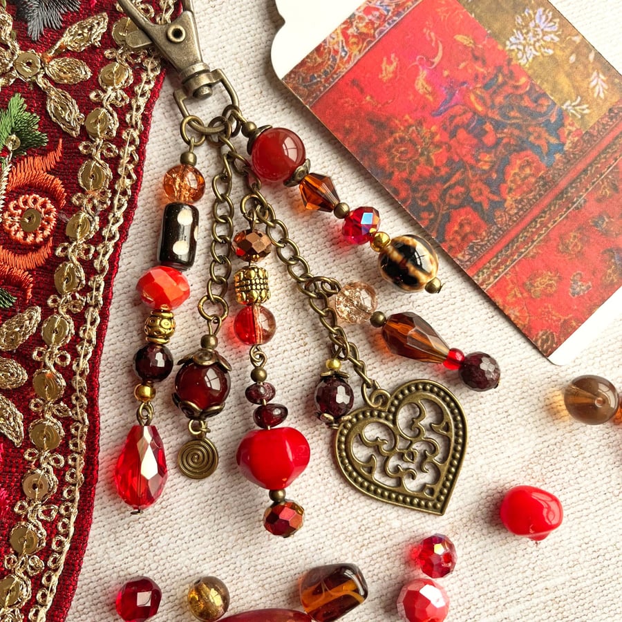 Handmade bag charm, garnet, boho-glam, january birthstone, birthday gift