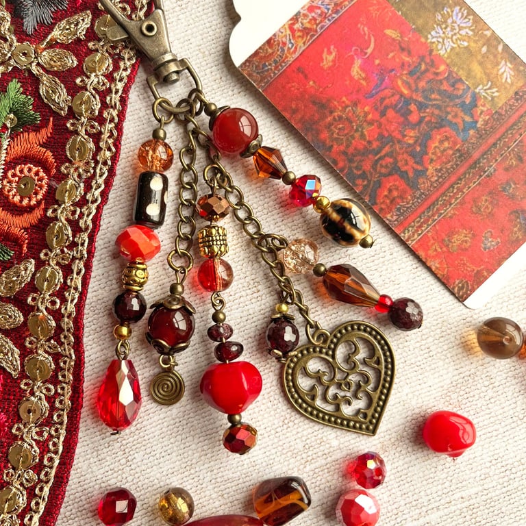 Handmade bag charm, garnet, boho-glam, january birthstone, birthday gift