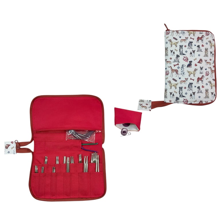 Interchangeable knitting needle case with dogs, fully zip around knit pro case, 
