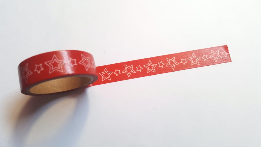 1 x 5m Roll Adhesive Craft Washi Tape - 15mm - Christmas - Stars - Red