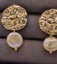 Gold Ripple Effect Earrings with Pearl Coin Accent - Image 3