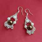 Stunning SPARKLING Earrings with COFFEE and WHITE PEARLS 