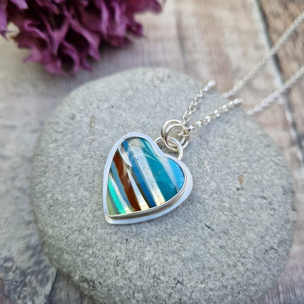 Sterling Silver Blue Striped Surfite Heart Necklace.