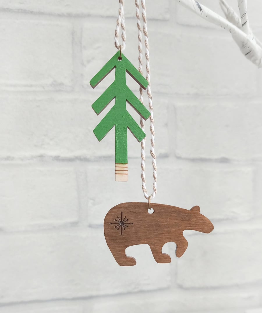 Wooden Bear & Tree Decoration, Keepsake Christmas Decoration, Wanderlust Decor