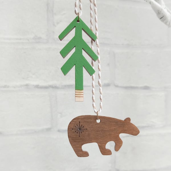 Wooden Bear & Tree Decoration, Keepsake Christmas Decoration, Wanderlust Decor