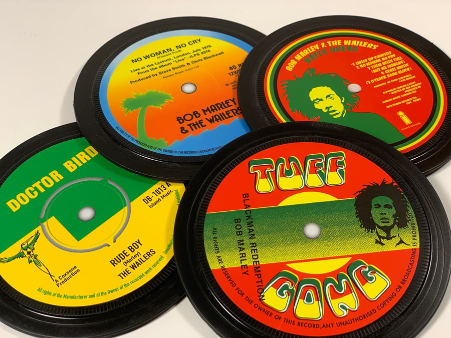 Bob Marley 4 record label coasters