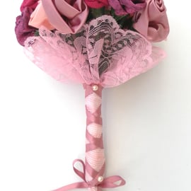 Wedding Bouquet  Shades of  Pink and Purple Handmade Roses,