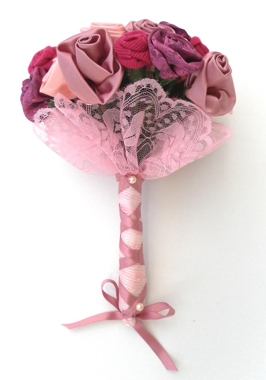 Wedding Bouquet  Shades of  Pink and Purple Handmade Roses,