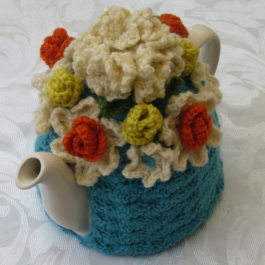 Crochet Tea Cosy/Cosie/Cozy - Blue with flowers (Made to order)