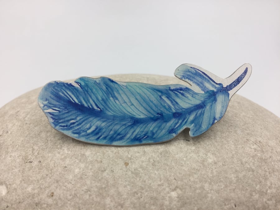 Blue and turquoise aluminium hand painted feather brooch