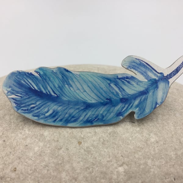 Blue and turquoise aluminium hand painted feather brooch