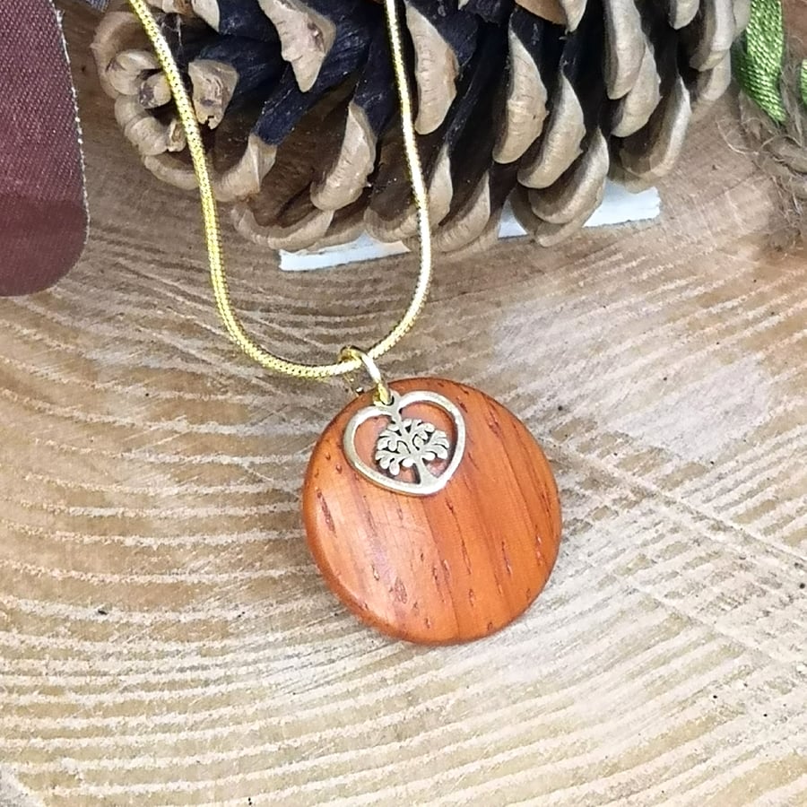 Woodturned Padauk Pendant with tree of Life overlay charm