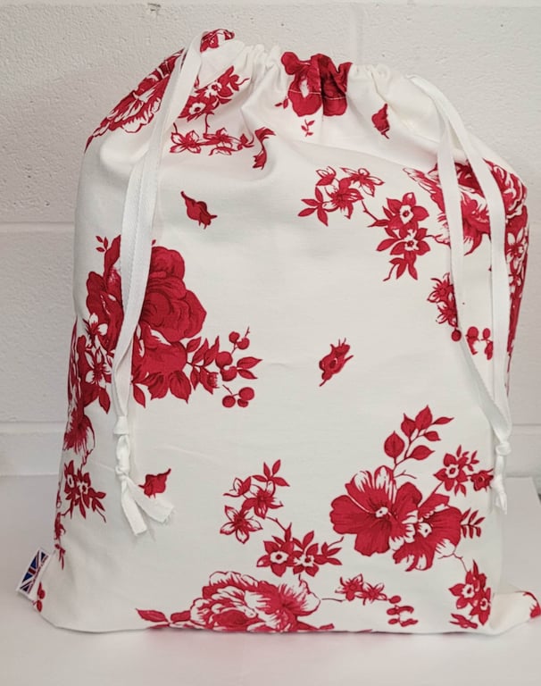 100% cotton laundry bag - white with red floral design. Made in UK