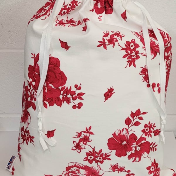 100% cotton laundry bag - white with red floral design. Made in UK