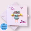 Birthday card special daughter.  3D cute fabric doll, girl with silver bow hat 