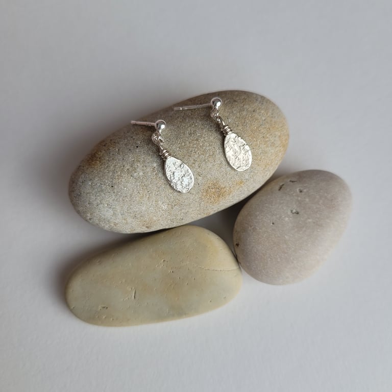 Sterling Silver Pebble Drop Earrings, Handmade Recycled Silver 