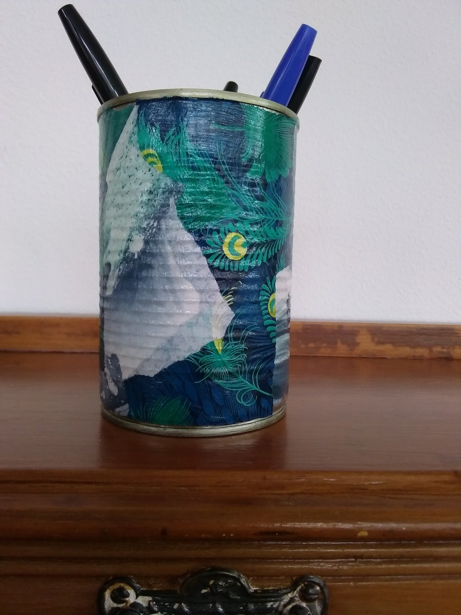 Upcycled Decoupaged Tin – Marble & Peacock Blue Mixed Design (One of a Kind)
