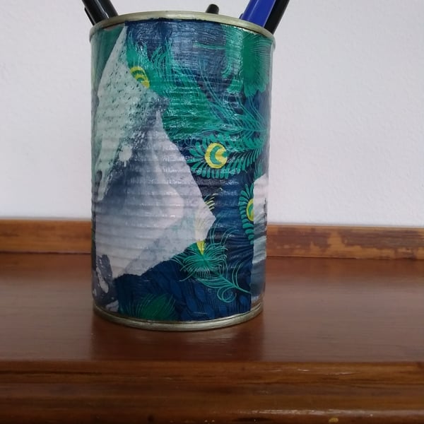 Upcycled Decoupaged Tin – Marble & Peacock Blue Mixed Design (One of a Kind)