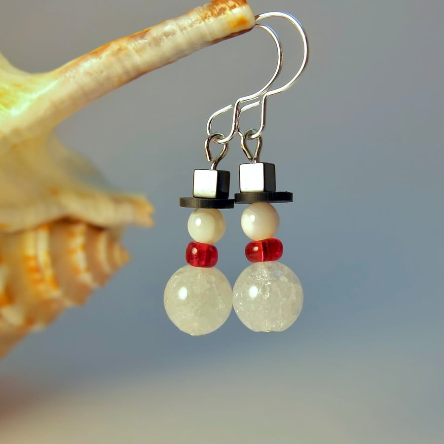 Christmas Gemstone & Silver Snowman Earrings, Stocking Filler, Secret Santa Gift