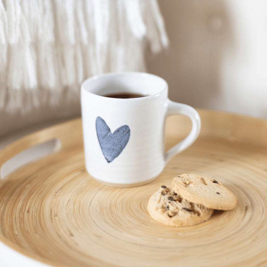 White Mug with Blue Heart decoration, Handmade stoneware tea cup or coffee mug