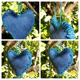 Heart hanger made with upcycled denim and blue seed beads. Free uk delivery.   