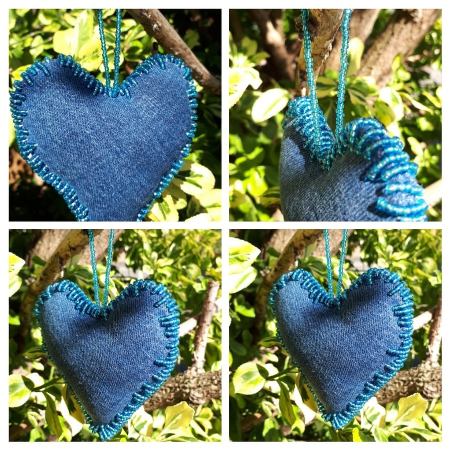 Heart hanger made with upcycled denim and blue seed beads. Free uk delivery.   