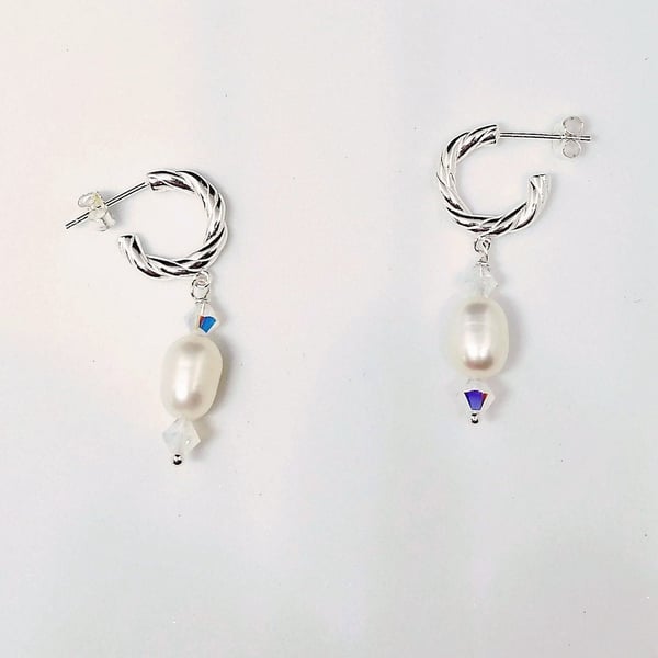 Freshwater Pearl & Swarovski Crystal Dangle Silver Huggie Hoop Earrings