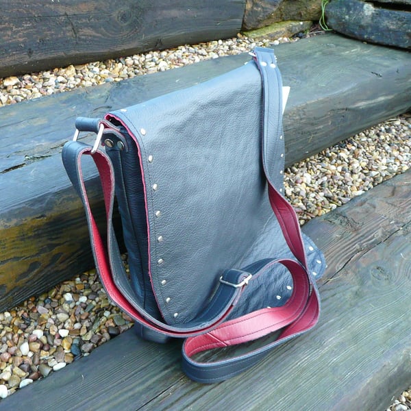 Leather crossbody bag, black and red leather biker bag, shoulder bag, handbag,
