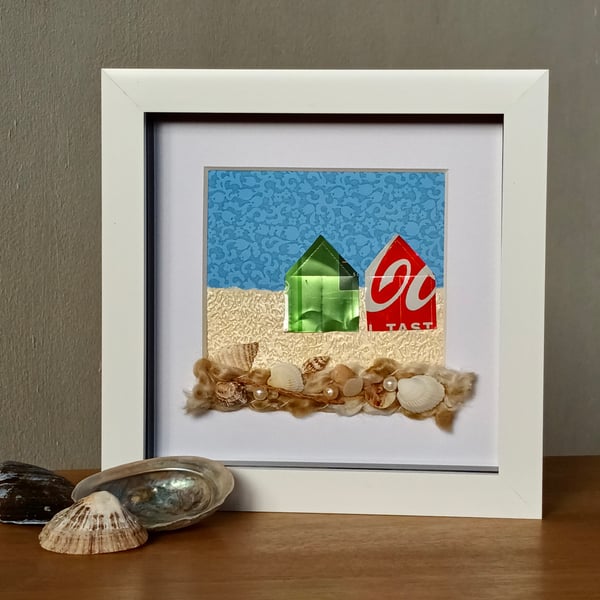 Beach Hut Seaside View 3D collage art 6" sustainably made with vintage papers