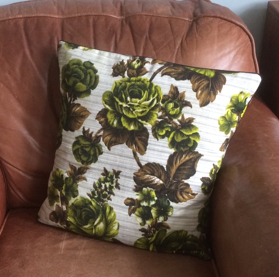 Unusual Lime Rose Vintage Fabric  Cushion 