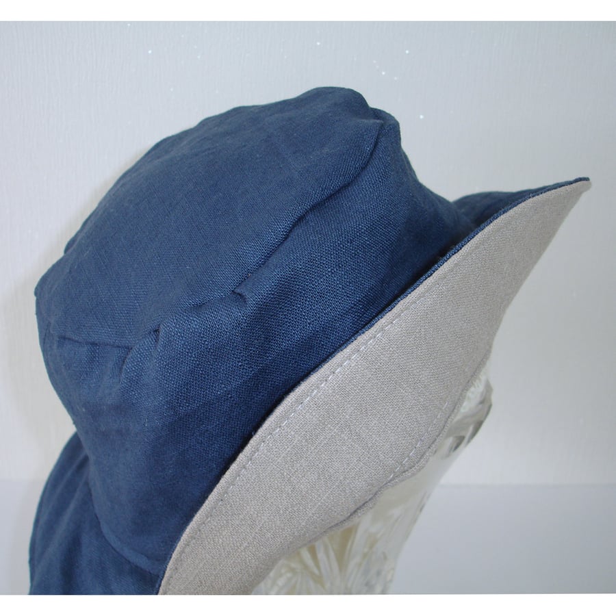 Sun Hat Bucket Hat Navy Blue and Sand Beige Linen Reversible Shade Pure Linen