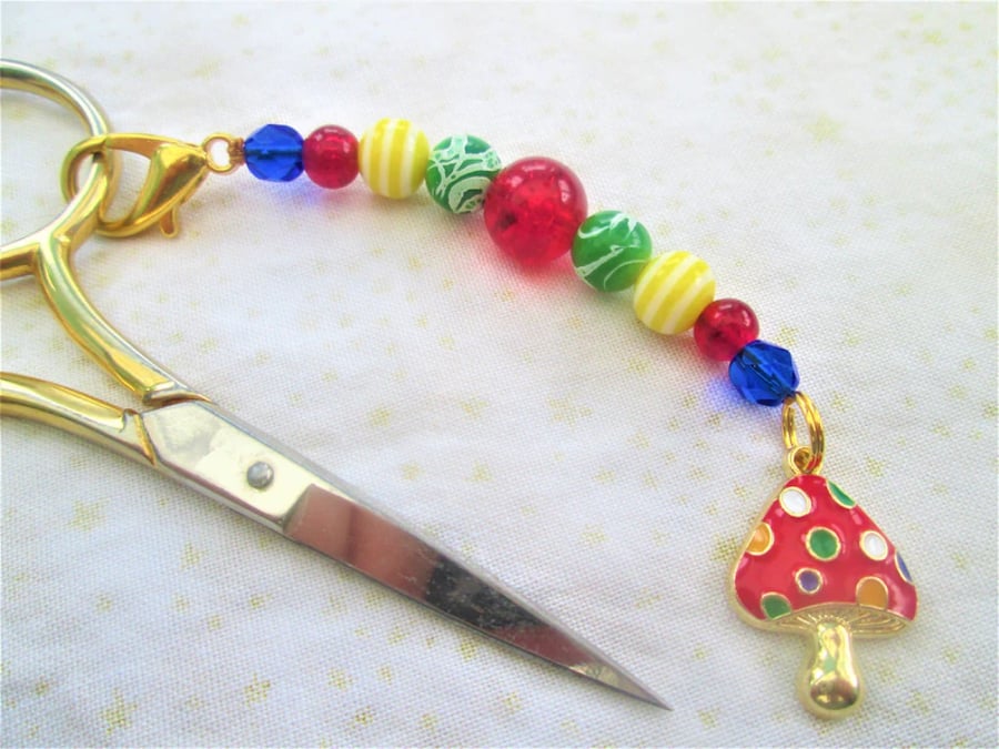 Colourful beaded scissor fob with toadstool enamel charm bag or purse decoration
