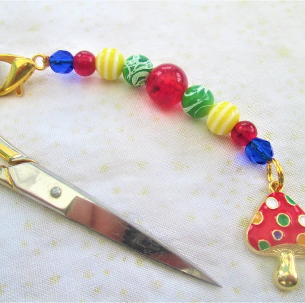 Colourful beaded scissor fob with toadstool enamel charm bag or purse decoration