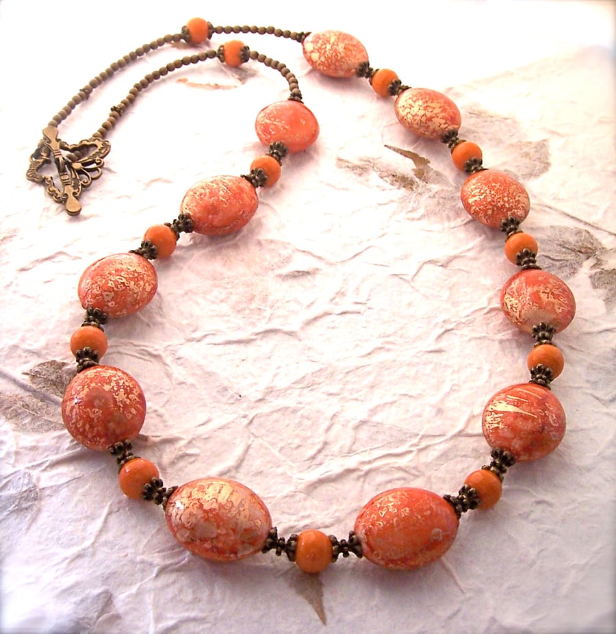 Chunky Orange Necklace, Gold & Burnt Orange, Vintage Style Necklace