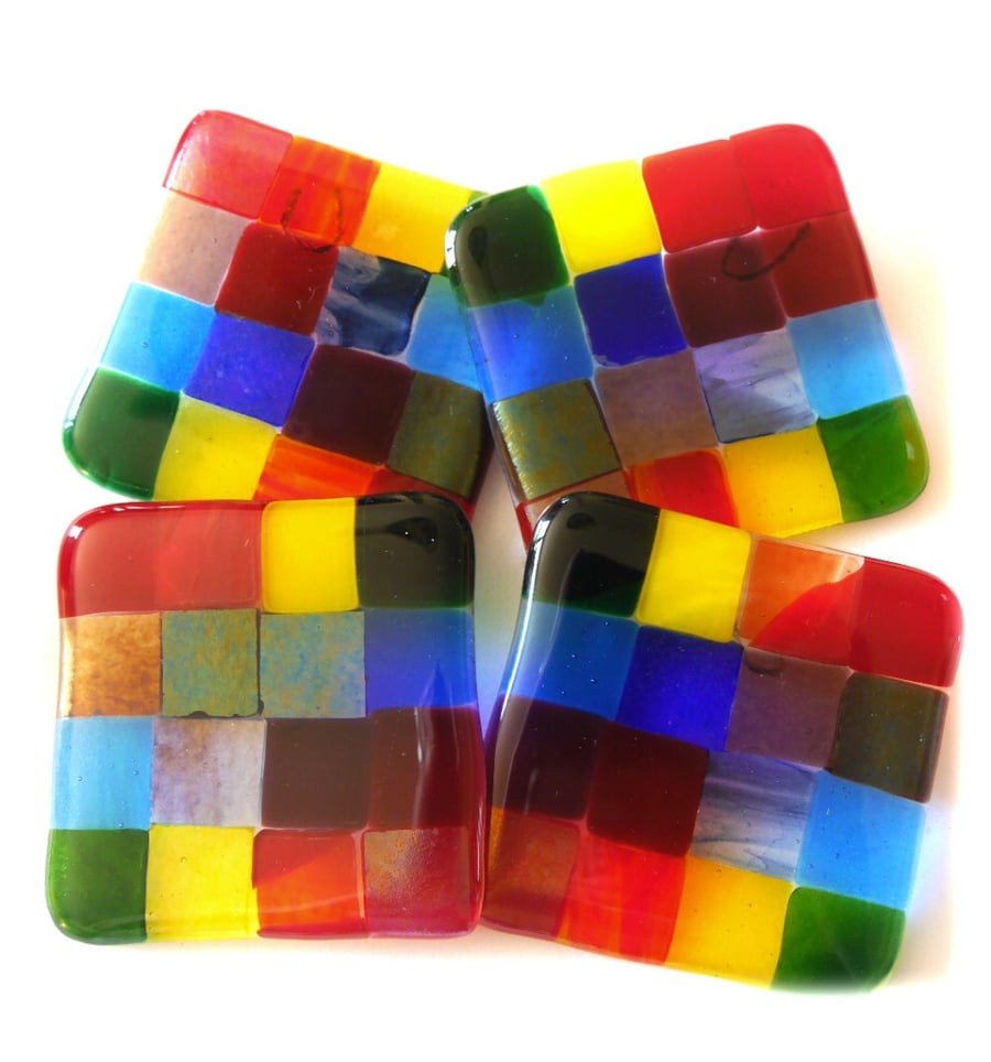 Fused Glass Coaster 8cm Rainbow Patchwork Set of 4