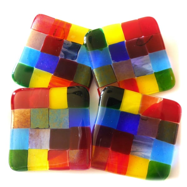 Fused Glass Coaster 8cm Rainbow Patchwork Set of 4