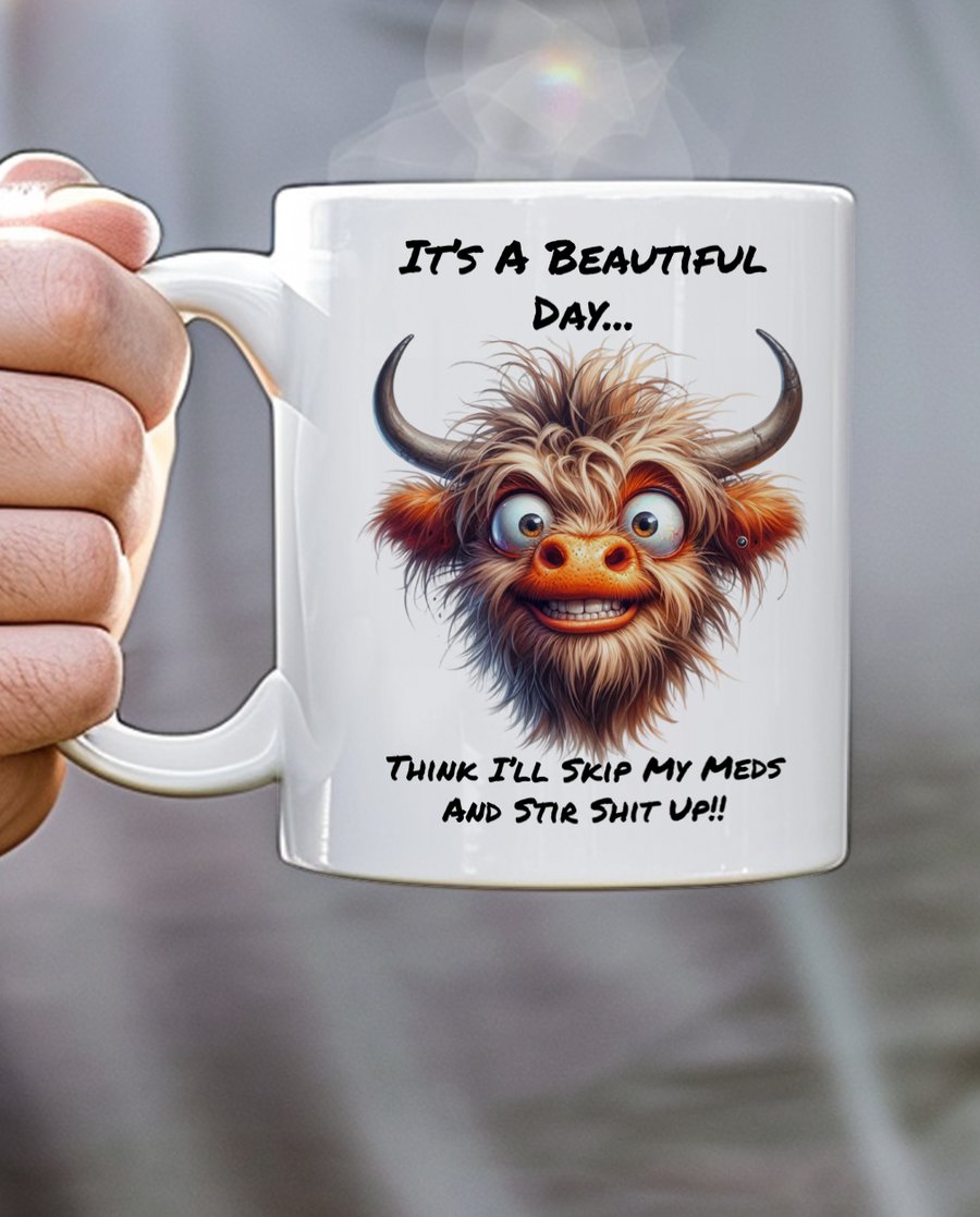 Funny Highland Cow Mug  "It's A Beautiful Day, Think I'll Skip My Meds And Stir