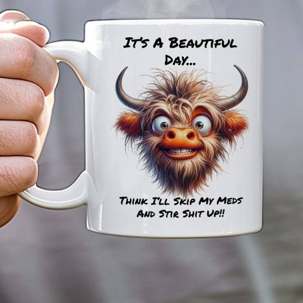 Funny Highland Cow Mug  "It's A Beautiful Day, Think I'll Skip My Meds And Stir