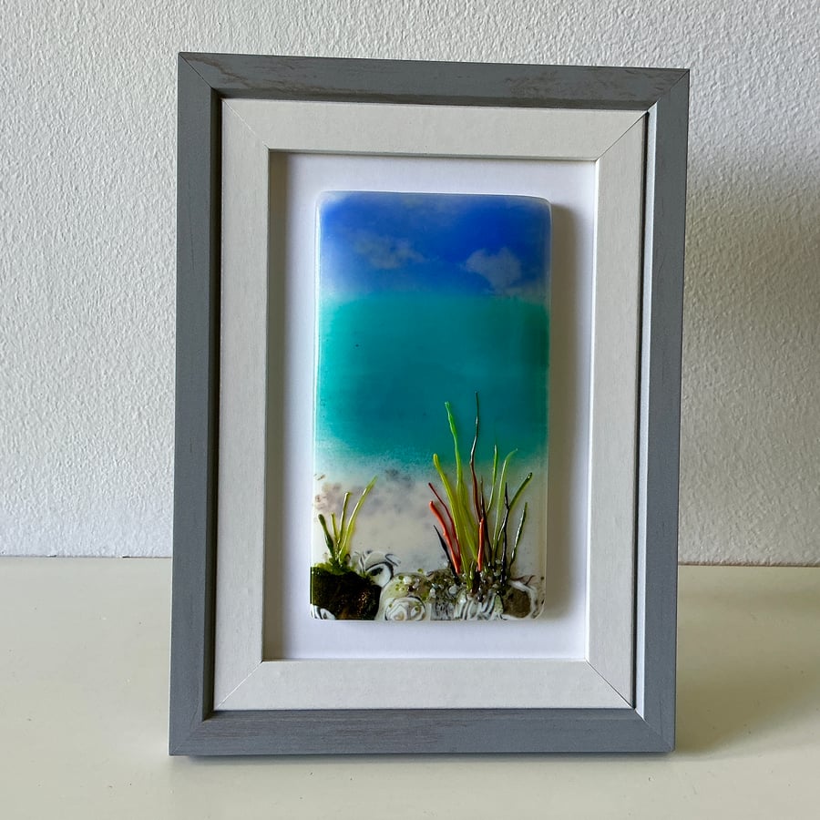 Fused glass mini framed panel, coastal shore, seascape scene