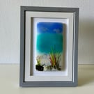 Fused glass mini framed panel, coastal shore, seascape scene