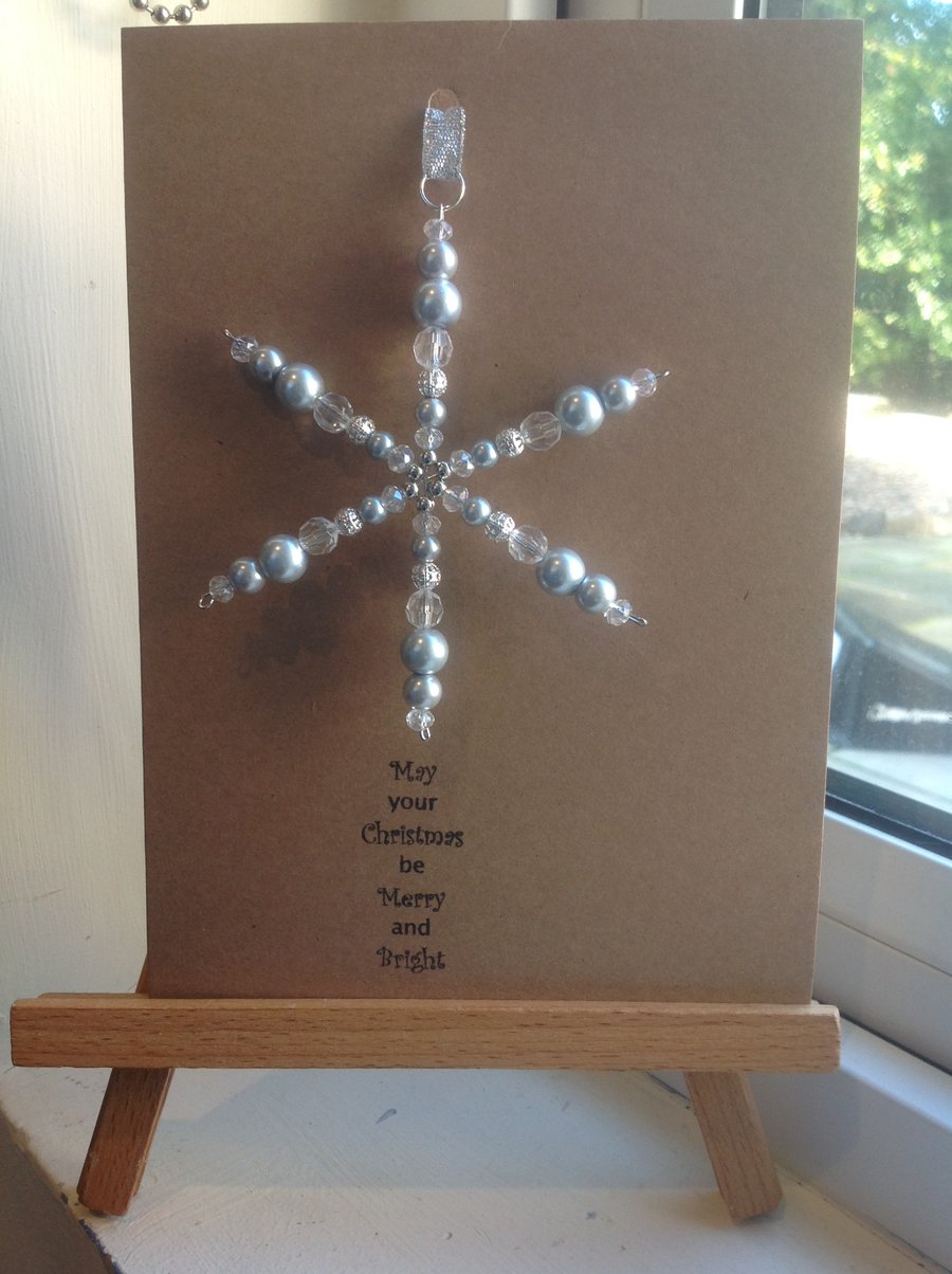 Handmade Glass bead Christmas Tree decoration, attached to a card.