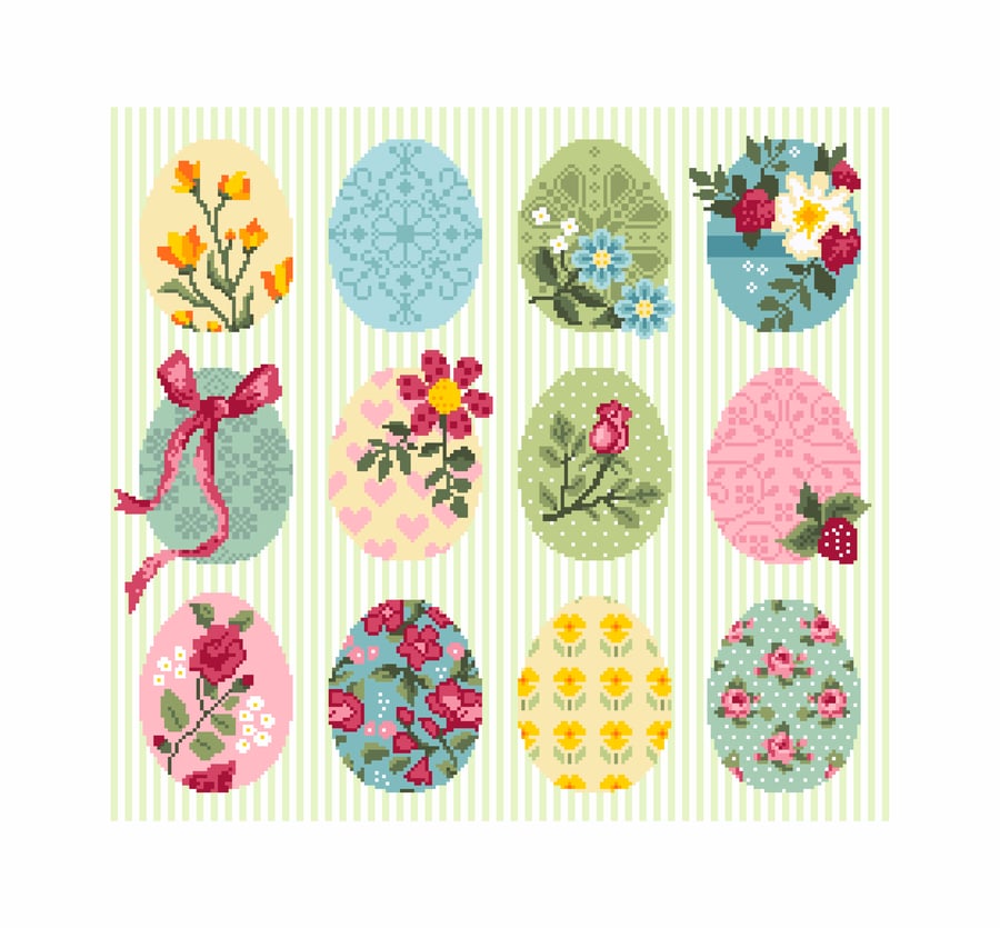 299 - Cross stitch Pattern The Easter Egg Hunt sampler set of 12 Floral Eggs