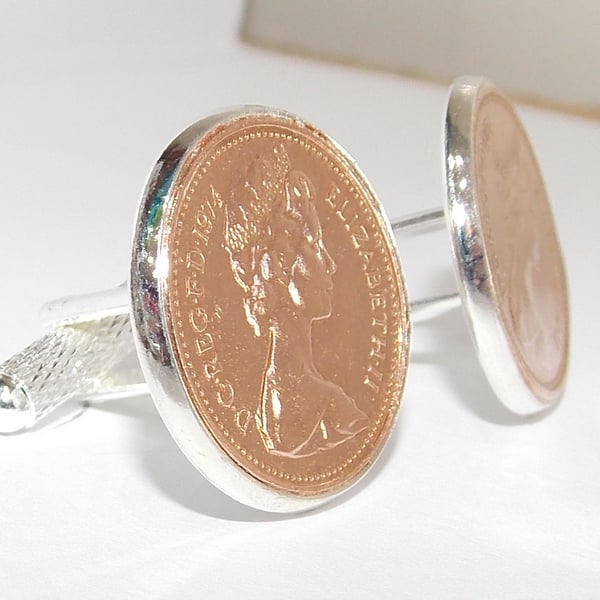 1976 45th Birthday Anniversary 1 pence coin cufflinks - One pence cufflinks from