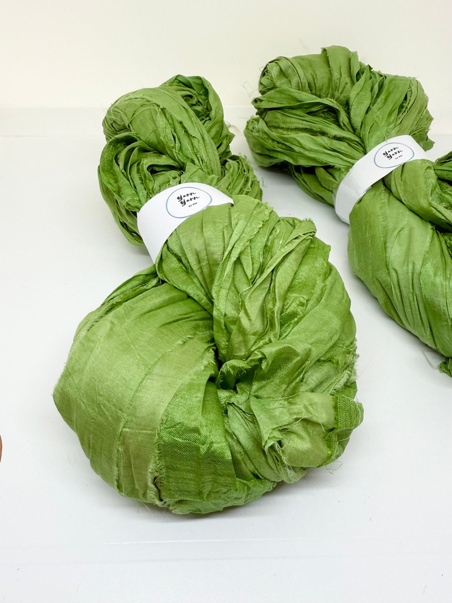 Sari silk ribbon in green, weaving, crochet, fibre arts, 100g