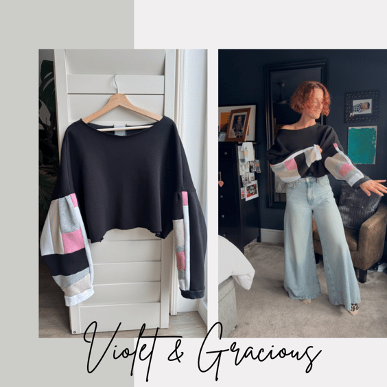 Boyfriend Sweater . Black & Multi Sweater  . Off The Shoulder Sweater . size 14