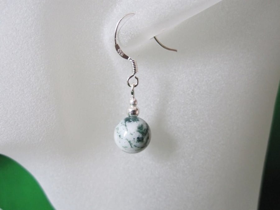 Green & White Tree Agate Sterling Silver Drop Earrings