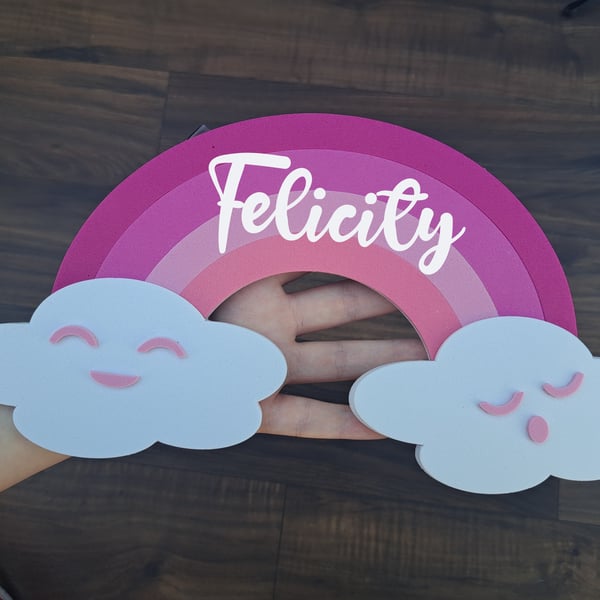 Personalised Children's Room Decor, Pink Rainbow & Clouds, Custom Name Wall Art